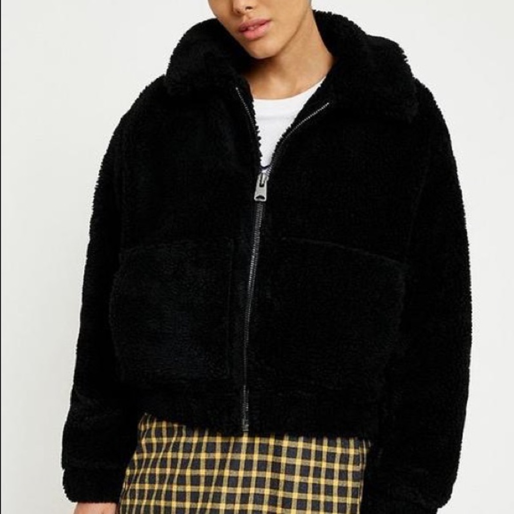 Urban Outfitters Cropped Teddy Jacket - Black